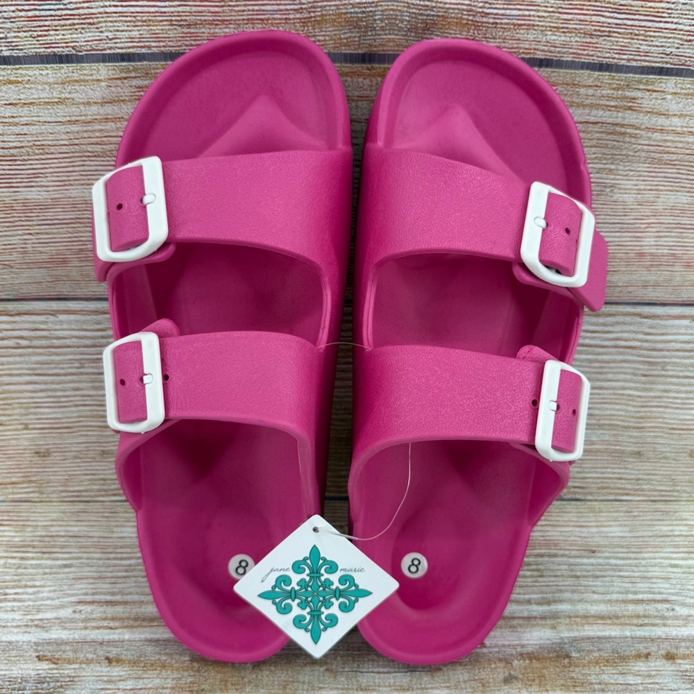 Jane Marie Hot Pink Double Strap EVA Slide Sandals White Buckles Womens 8 NEW